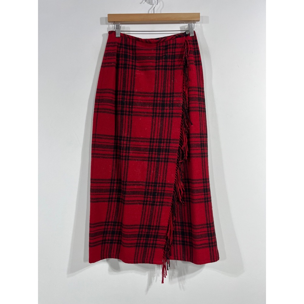 Eddie Bauer 90s VTG Heritage Tartan Plaid Wool Fringe Wrap Midi Skirt Womens 6